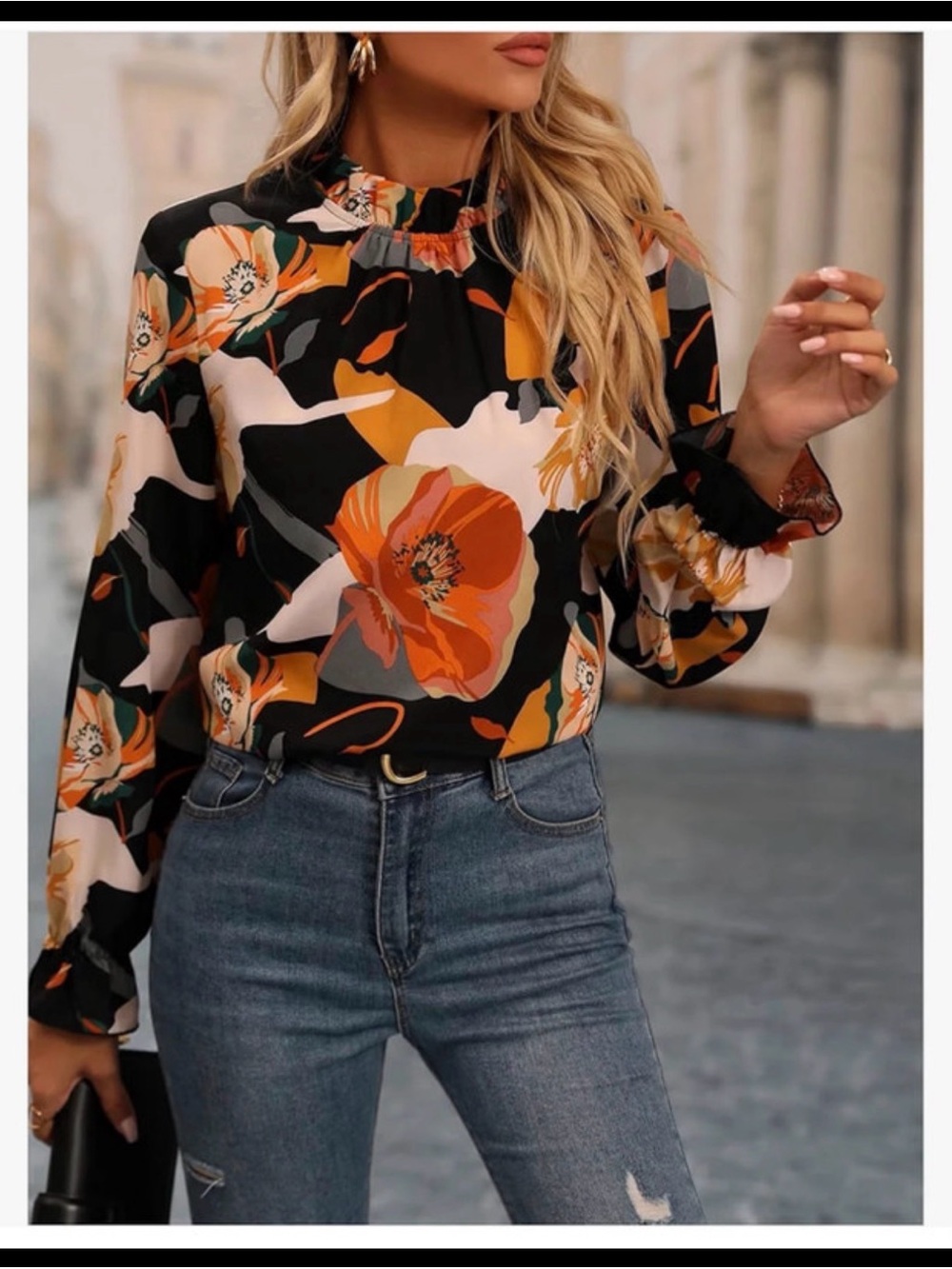 Floral Mock-Neck Long Sleeve Blouse - Black/Orange